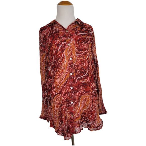 Soft Surroundings Cheyla Tunic Paisley Red Collared Button Front Women Large - Picture 2 of 12